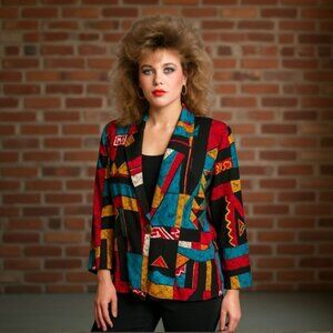 Vintage Karibo Abstract Blazer Jacket Colorblock 80s Artsy Women’s Large Rare